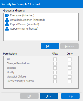 The Security dialog box that is displayed when you highlight an object in the explorer tree then click the Security icon on the main Argos screen.